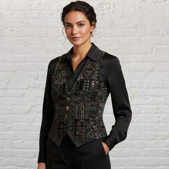 Michele Leslie 80s Vintage Velvet Vest M Metallic Tribal Boho - Picture 1 of 14